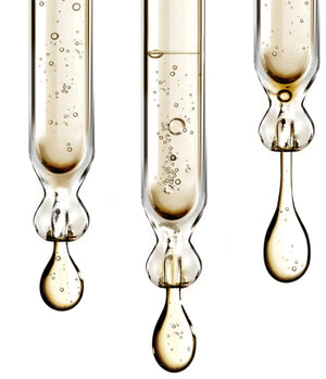 Close up of retinol serum ingredient formula drops showing antioxidant skincare texture used in anti aging facial serum