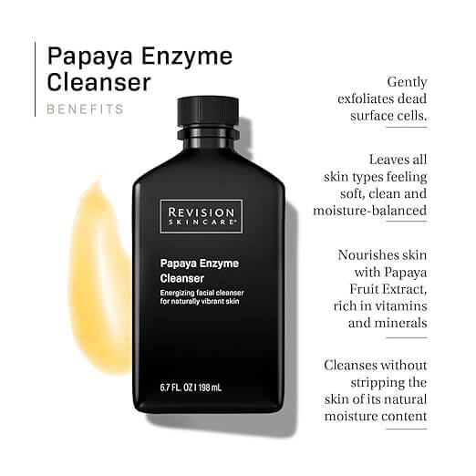 Revision Skincare Papaya Enzyme Cleanser 198ml bottle with benefits highlighting gentle exfoliation and radiant skin
