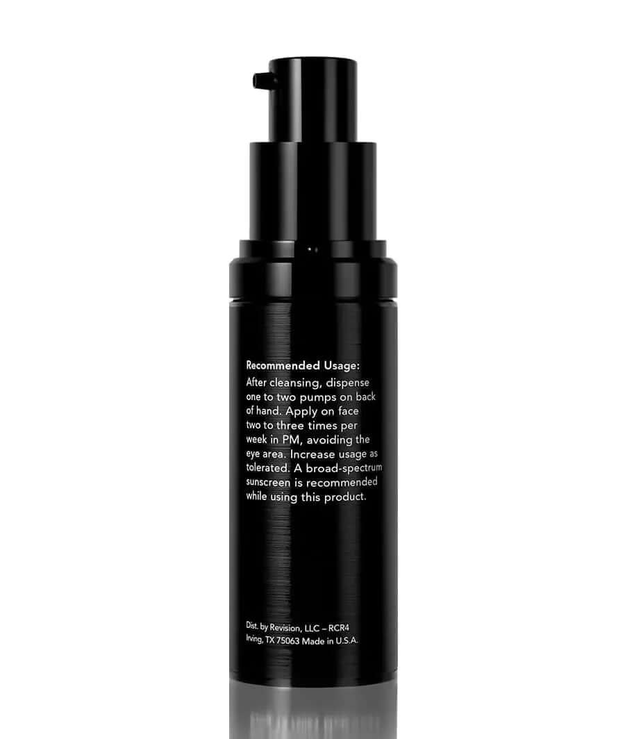 Back view of Revision Skincare Retinol Complete 0.5 bottle showing usage instructions for mid-strength retinol serum