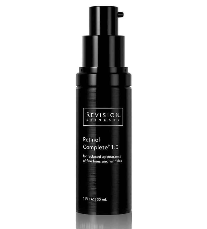 Revision Retinol Complete 1.0 reduces fine lines improves skin texture apply nightly to clean dry face for smoother results.