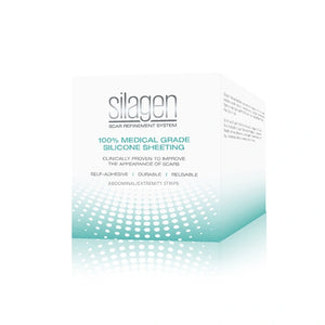 Silagen abdominal and extremity strips box for medical-grade silicone sheeting, designed for long scar coverage and support.