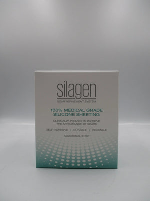 Silagen abdominal strip box shown on gray background, medical-grade silicone gel sheeting for abdominal scar coverage.