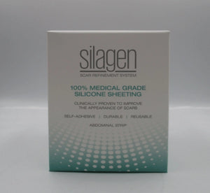 Front view of Silagen medical grade silicone sheeting package, self-adhesive and reusable for scar care.