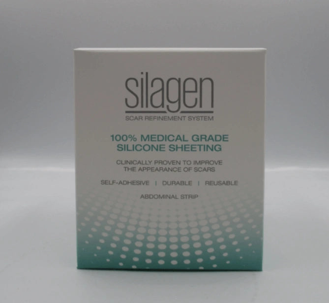 Front view of Silagen medical grade silicone sheeting package, self-adhesive and reusable for scar care.