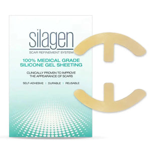 Silagen anchor strips beige with curved silicone sheets and packaging for breast reduction scar care