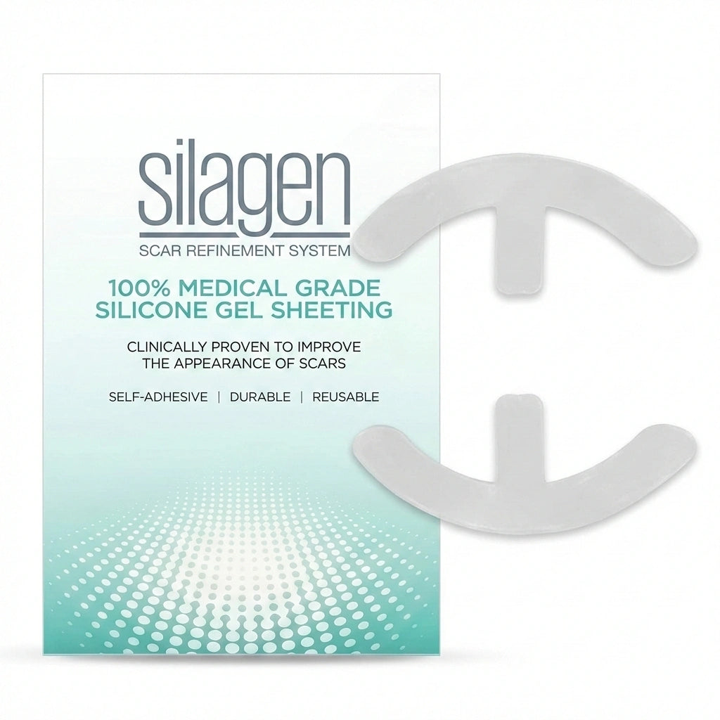 Silagen Scar Refinement System packaging, featuring 100% medical-grade silicone gel sheeting that is self-adhesive, durable, and reusable for improving scar appearance