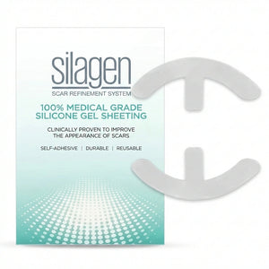 Silagen Scar Refinement System packaging, featuring 100% medical-grade silicone gel sheeting that is self-adhesive, durable, and reusable for improving scar appearance
