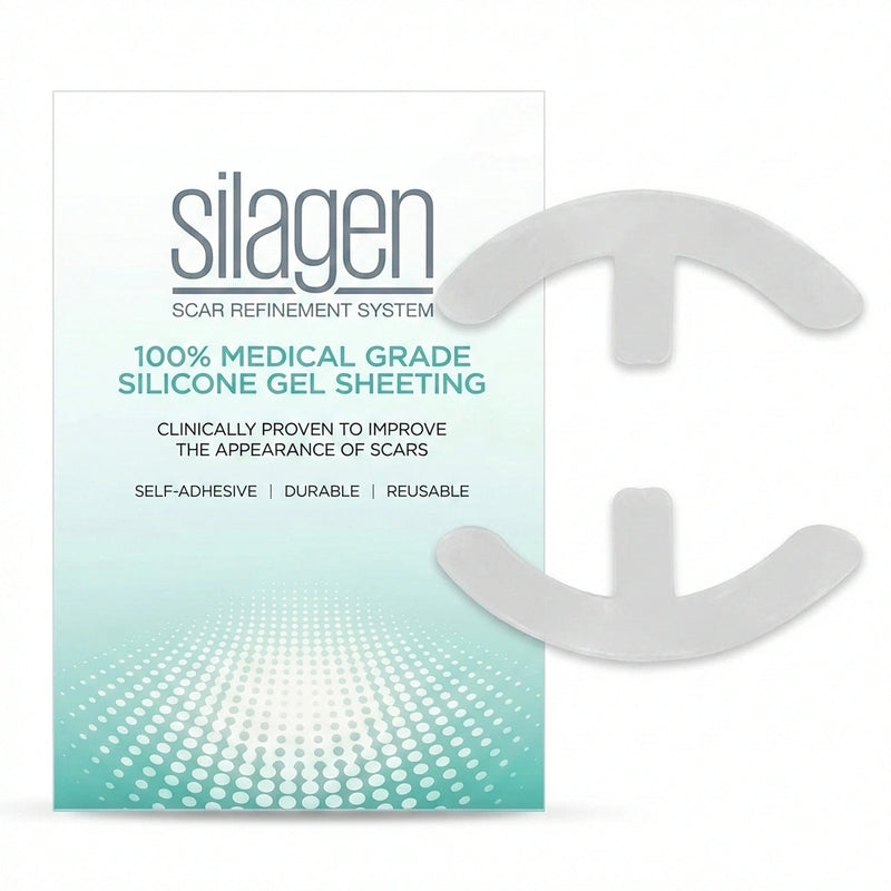 Silagen Scar Refinement System packaging, featuring 100% medical-grade silicone gel sheeting that is self-adhesive, durable, and reusable for improving scar appearance