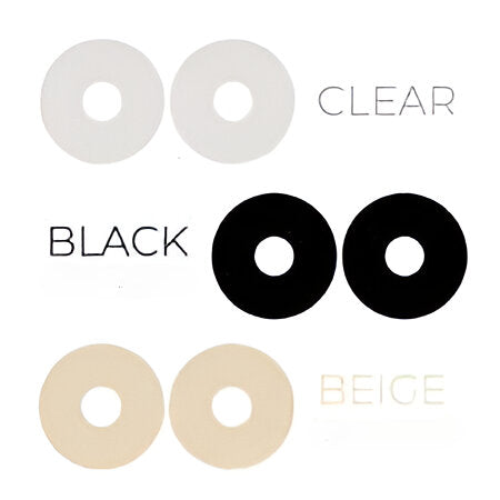 Comparison of silagen areola circles showing clear, black fabric-backed, and beige options for breast surgery scar circles