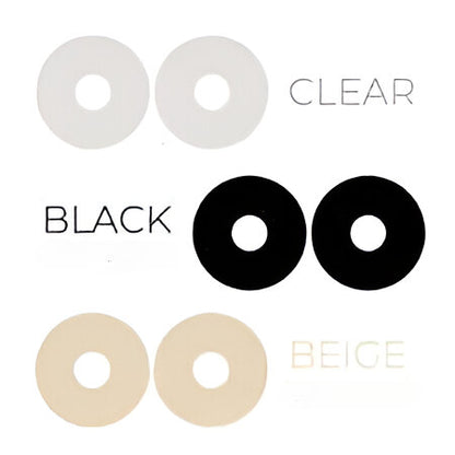 Comparison of silagen areola circles showing clear, black fabric-backed, and beige options for breast surgery scar circles