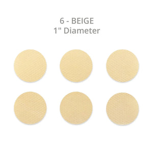Six Silagen beige silicone dots (1 inch diameter) shown on white background for targeted scar care and coverage.