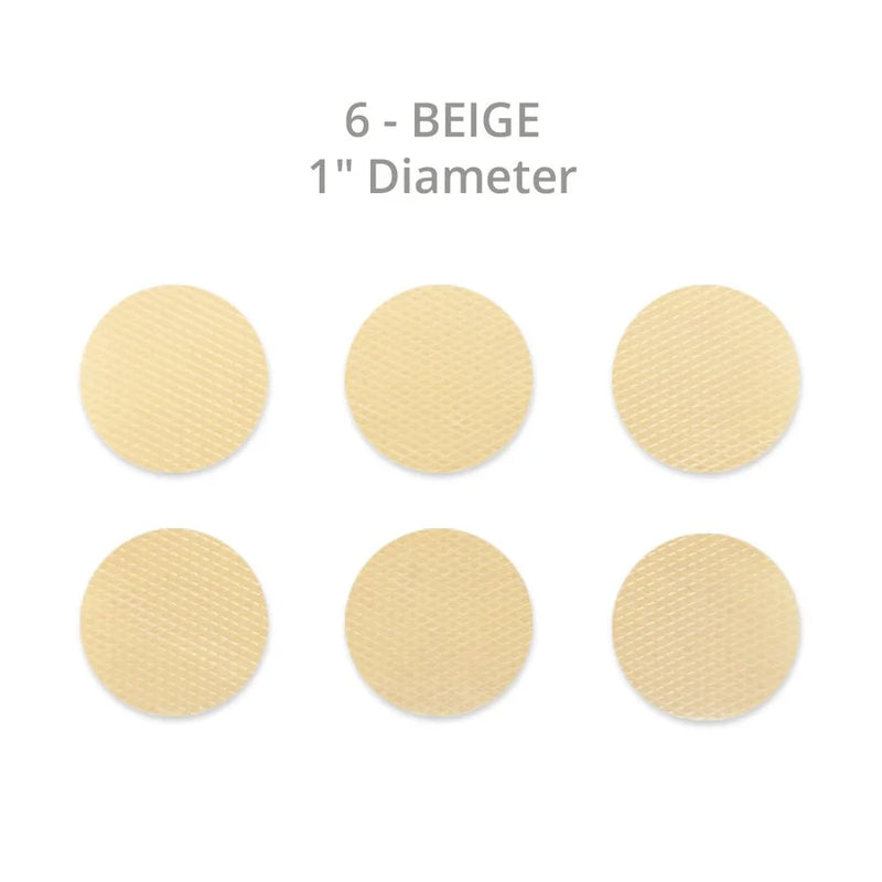 Six Silagen beige silicone dots (1 inch diameter) shown on white background for targeted scar care and coverage.