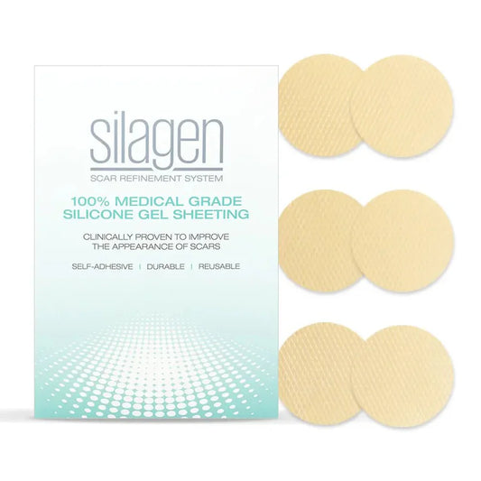 Silagen beige silicone dots (1 inch) shown with retail box, medical-grade silicone sheets for scar care.