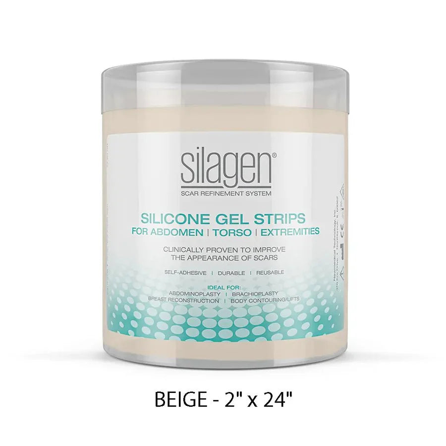 Silagen silicone gel strips jar in beige 2 x 24 size for abdomen torso and extremity scar care with reusable silicone sheet.