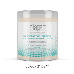 Silagen silicone gel strips jar in beige 2 x 24 size for abdomen torso and extremity scar care with reusable silicone sheet.
