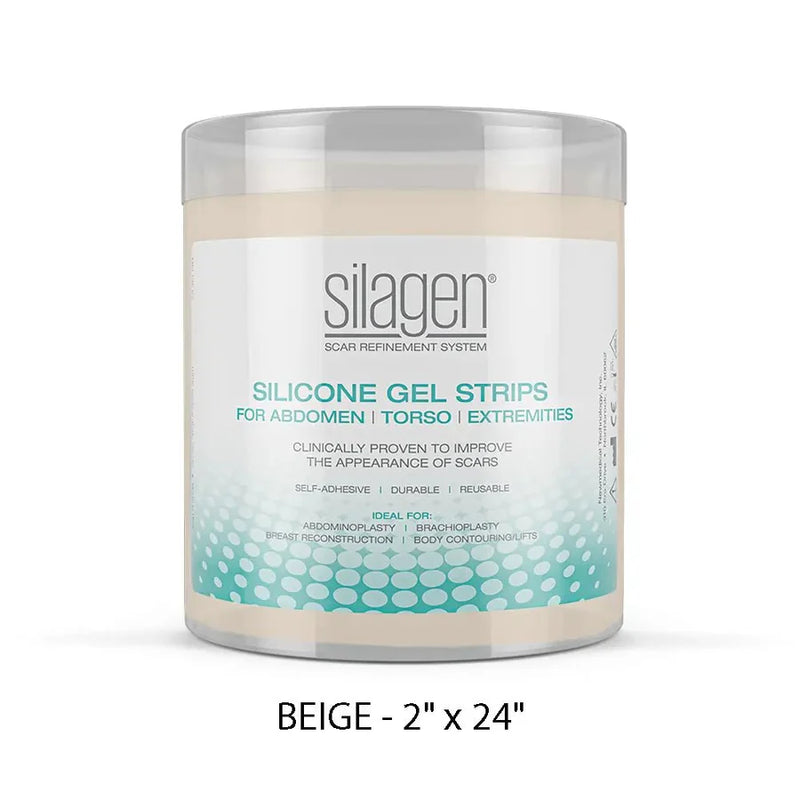 Silagen silicone gel strips jar in beige 2 x 24 size for abdomen torso and extremity scar care with reusable silicone sheet.