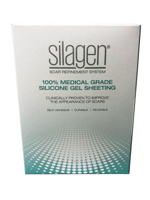 Silagen beige strips abdominal packaging showing medical grade silicone sheeting for long narrow scars