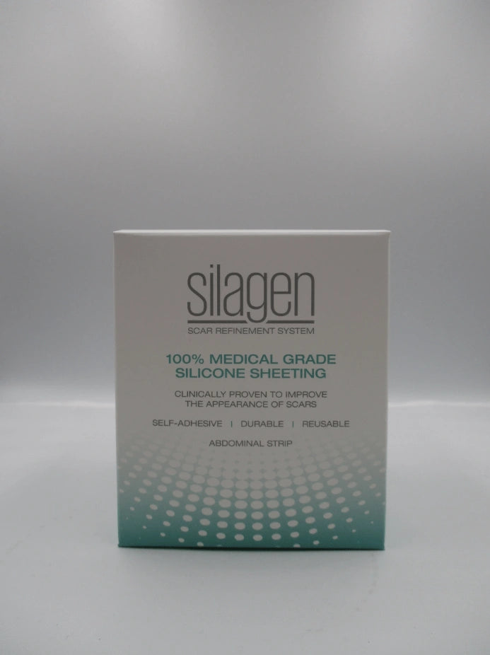 Front view of Silagen Breast Kit Clear box for medical-grade silicone gel sheeting, designed for breast scar coverage.