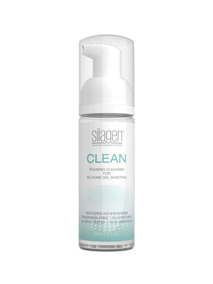 Silagen Clean Foam Cleanser bottle, a fragrance-free and sulfate-free foaming cleanser designed to restore adhesiveness to silicone gel sheeting.