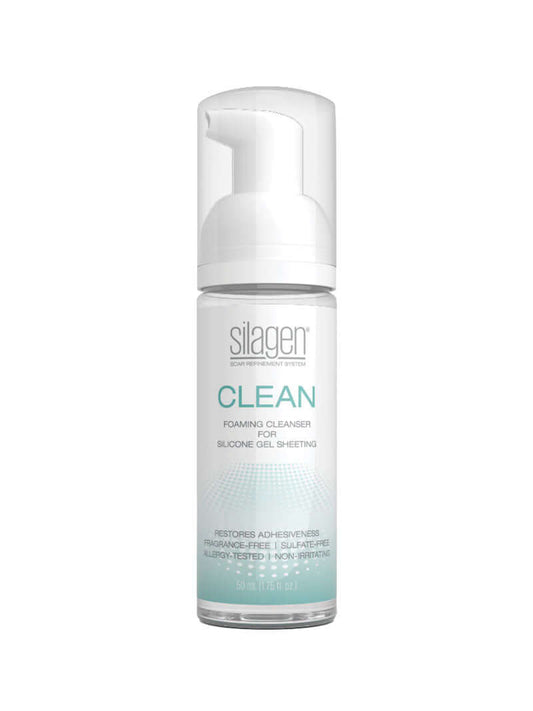 Silagen Clean Foam Cleanser bottle, a fragrance-free and sulfate-free foaming cleanser designed to restore adhesiveness to silicone gel sheeting.