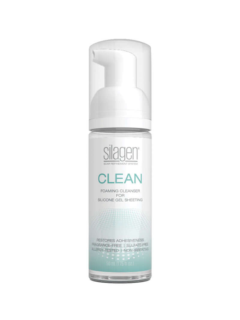 Silagen Clean Foam Cleanser bottle, a fragrance-free and sulfate-free foaming cleanser designed to restore adhesiveness to silicone gel sheeting.