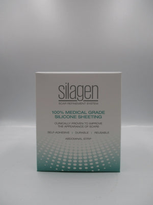Front view of Silagen extremity and abdominal strip box for medical-grade silicone scar sheeting, used for abdominal scar coverage.