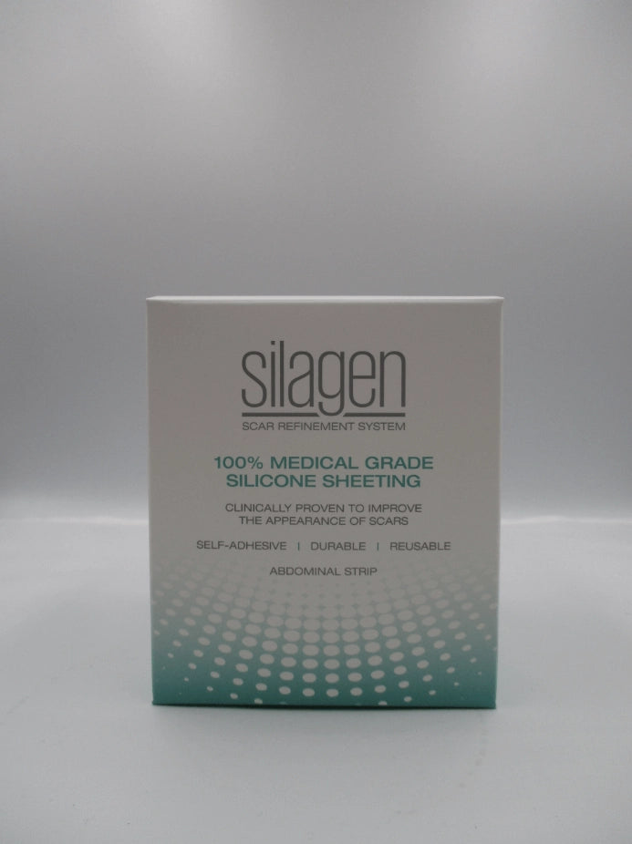 Front view of Silagen extremity and abdominal strip box for medical-grade silicone scar sheeting, used for abdominal scar coverage.