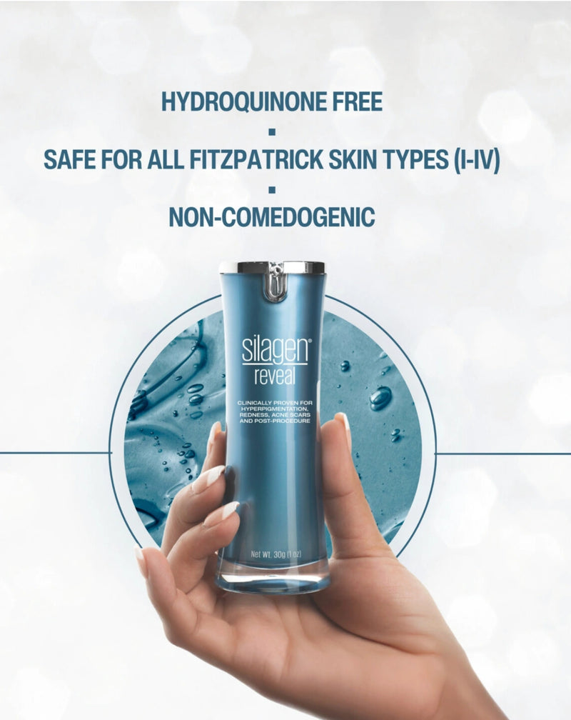 Silagen Reveal bottle graphic highlighting hydroquinone free, non comedogenic formula for Fitzpatrick skin types I IV safer.