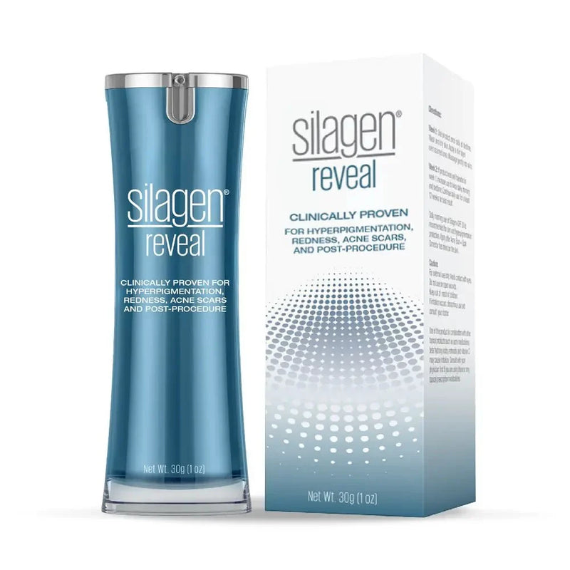 Silagen Reveal gel and box for acne marks, redness, hyperpigmentation, PIE and post procedure skin discoloration