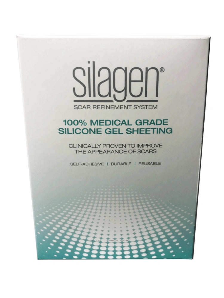 Front of the Silagen Scar Refinement System packaging for 100% medical grade silicone gel sheeting
