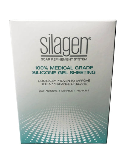 Front of the Silagen Scar Refinement System packaging for 100% medical grade silicone gel sheeting