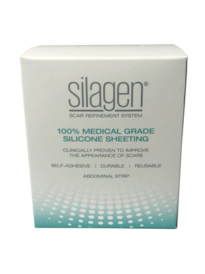 Front of the Silagen Scar Refinement System packaging for 100 percent medical grade silicone gel sheeting used on long scar sheets