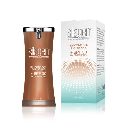 Silagen Scar Replacement System featuring Silicone Gel with SPF 30 for UV protection and scar healing.