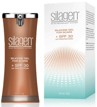 Silagen silicone scar gel with SPF 30 (30g) bottle shown with retail box on white background for daily scar protection.
