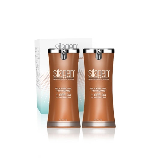 Silagen silicone scar gel with SPF 30 duo set showing two 30g bottles with retail box, for daily scar protection.
