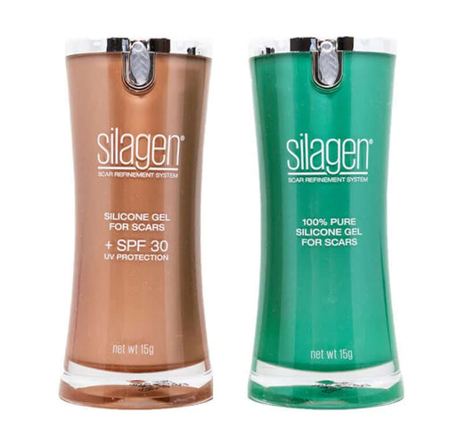 Silagen twin pack featuring day and night scar gel bottles for dual-action scar treatment.
