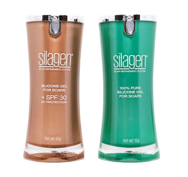 Silagen Twin Pack Day & Night scar treatment kit containing 100% pure silicone gel for night use and silicone gel with SPF 30 for daytime UV protection, both 15g.