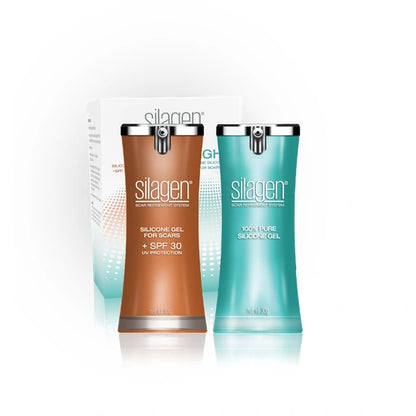 Silagen Twin Pack showing two tubes: 100% pure silicone gel for night and silicone gel with SPF 30 for daytime scar protection.