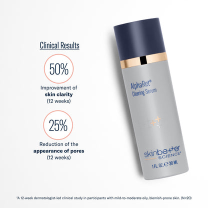 SkinBetter AlphaRet Clearing Serum clinical results showing improved skin clarity and reduced pores after 12 weeks