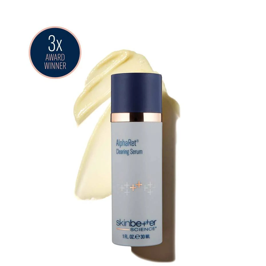 SkinBetter AlphaRet Clearing Serum with texture and award badge highlighting acne treatment for clearer skin and refined pores