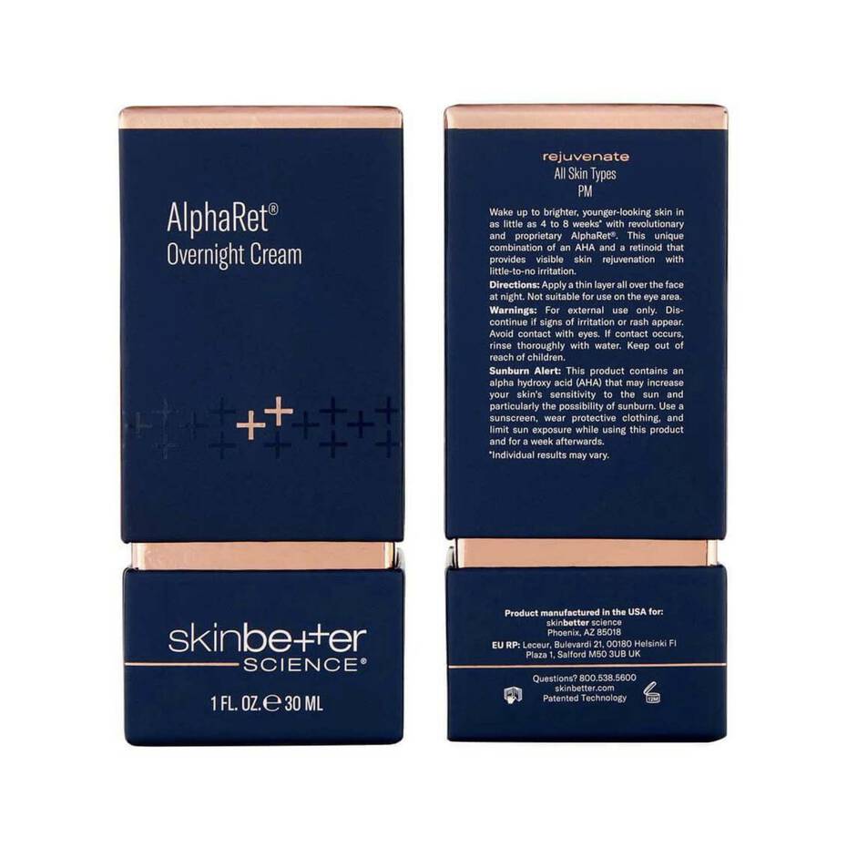 SkinBetter AlphaRet Overnight Cream packaging box front and back showing ingredients directions and product details