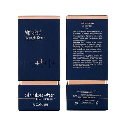 SkinBetter AlphaRet Overnight Cream packaging box front and back showing ingredients directions and product details
