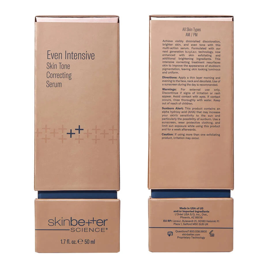 SkinBetter Even Intensive Skin Tone Correcting Serum packaging box design showing product details and branding