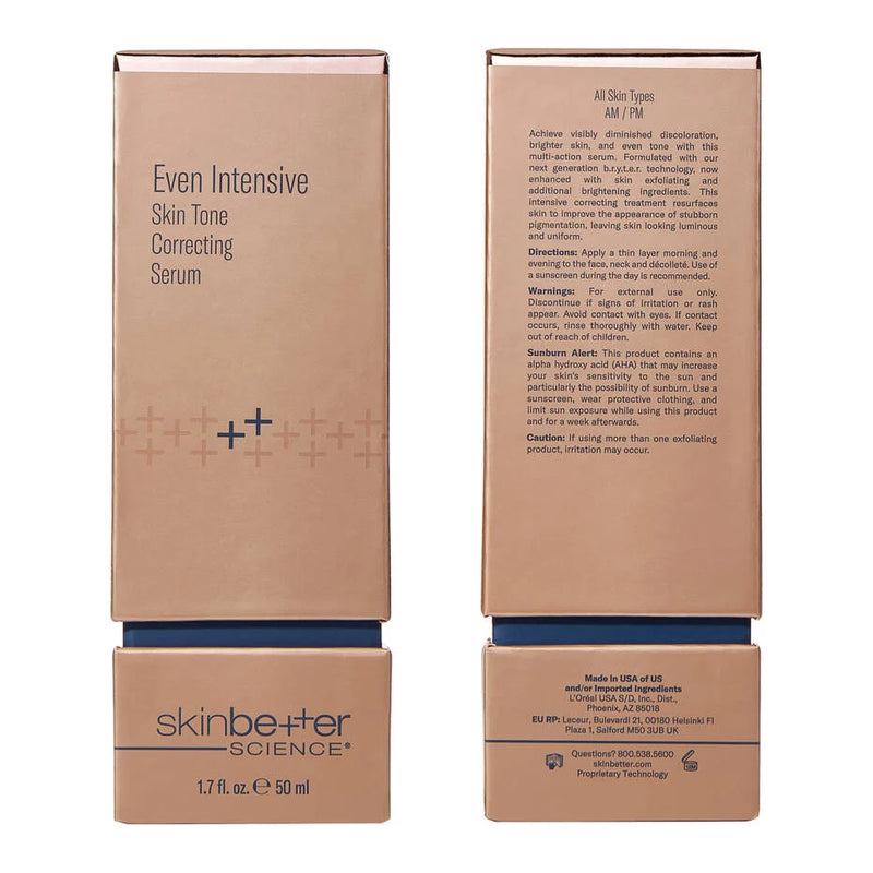 SkinBetter Even Intensive Skin Tone Correcting Serum packaging box design showing product details and branding
