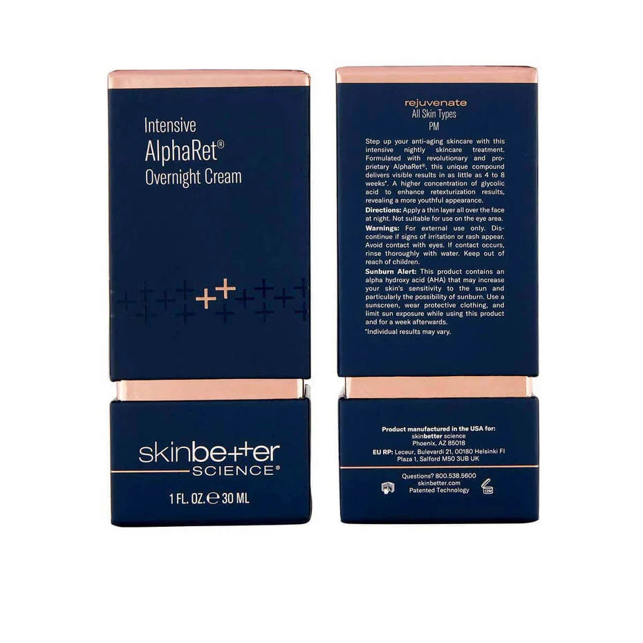 SkinBetter Science Intensive AlphaRet Overnight Cream packaging showing front and back with directions and product details