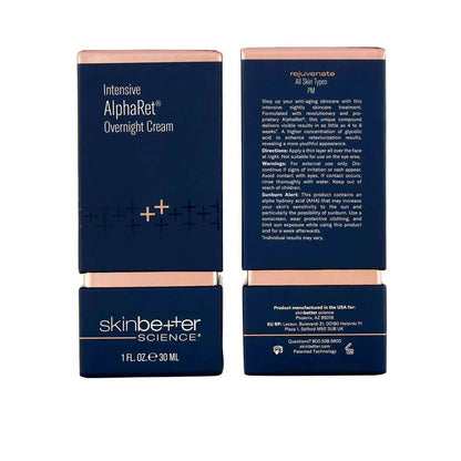 SkinBetter Science Intensive AlphaRet Overnight Cream packaging showing front and back with directions and product details