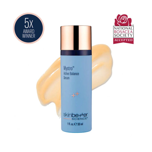 SkinBetter Science Mystro Active Balance serum with award badge and rosacea seal for reducing redness and calming skin