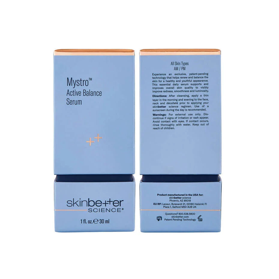 SkinBetter Science Mystro Active Balance serum packaging showing front and back with product details and usage instructions