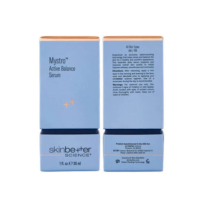SkinBetter Science Mystro Active Balance serum packaging showing front and back with product details and usage instructions