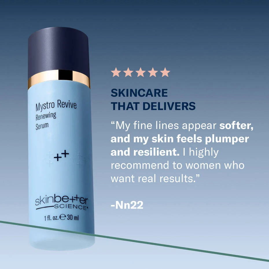 SkinBetter Mystro Revive Renewing Serum with customer review highlighting visible improvements and user satisfaction